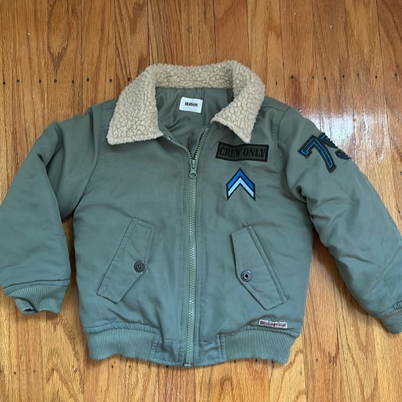 HUDSON Jeans 3t Army Green Aviation Bomber Jacket - Patches Sherpa Collar - Picture 1 of 7
